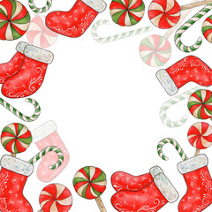 A Christmas frame of candy canes and socks, watercolor illustration. Template with space for text for a greeting card.