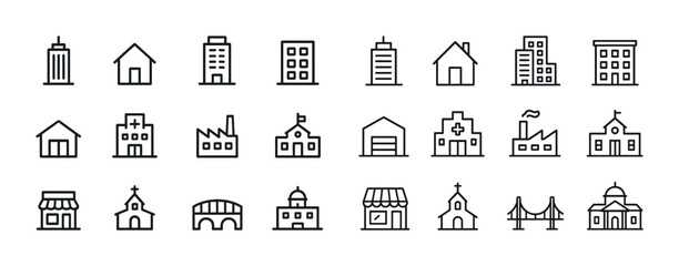 Set of 20 minimalist building icons including houses, factories, churches, bridges, skyscrapers