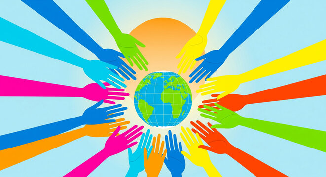 Diverse hands reaching for a vibrant Earth globe, symbolizing unity and global cooperation, representing teamwork, community, and sustainable future initiatives