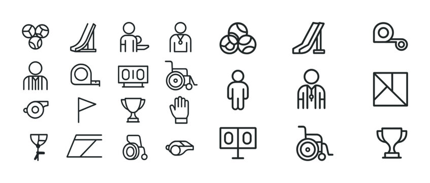 Line icons: sports equipment and accessibility symbols