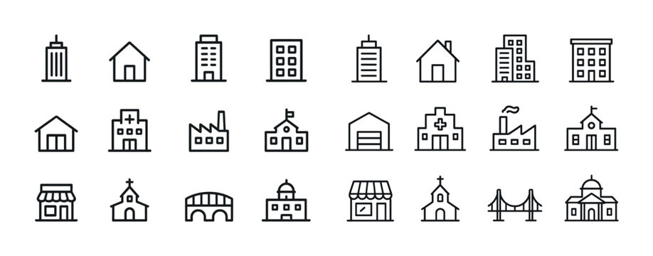 Set of 20 minimalist building icons including houses, factories, churches, bridges, skyscrapers