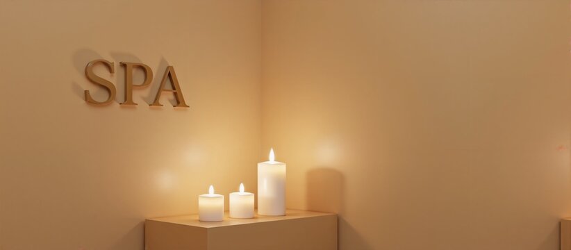 Spa sign on the wall in a spa interior with candles and warm lighting in a relaxing setting