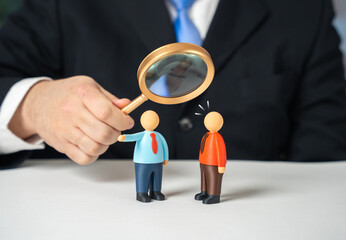 The businessman is investigating the unjustified dismissal. A lawyer is investigating a workplace conflict. Legal employment disputes, labor rights education and corporate conflict resolution.