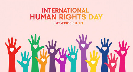 Celebrate International Human Rights Day on December 10th with vibrant raised hands and heart symbols promoting equality, unity, and global awareness for social impact