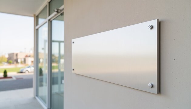 A blank rectangular elongated signboard mounted on a wall outside a modern building