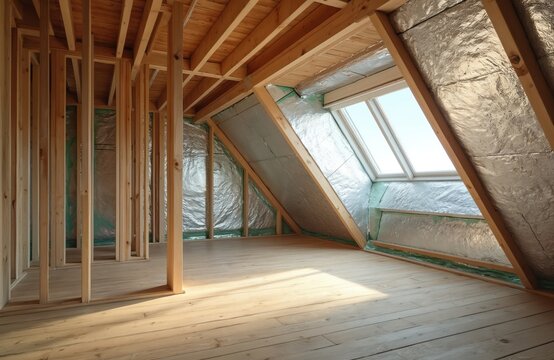 Unfinished loft conversion interior with wooden frame walls and insulated roof structure. Skylight window shows bright blue sky, sunlight enters space.