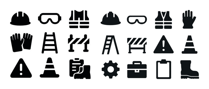 Safety equipment icons: helmets, goggles, vests, gloves, boots, traffic cones, warning signs