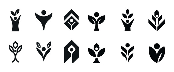 Abstract plant and human logos: nature, growth, and unity symbols