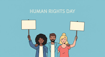 Empowered diverse group holding signs for Human Rights Day, advocating for change, unity and equality, celebrating inclusivity, making a powerful statement together