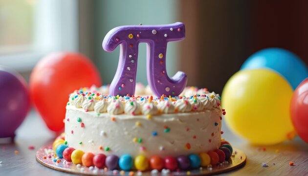 Pi day cake with purple pi symbol decoration, colorful sprinkles and balloons. Sweet treat for math lovers celebration, school party, math class event.