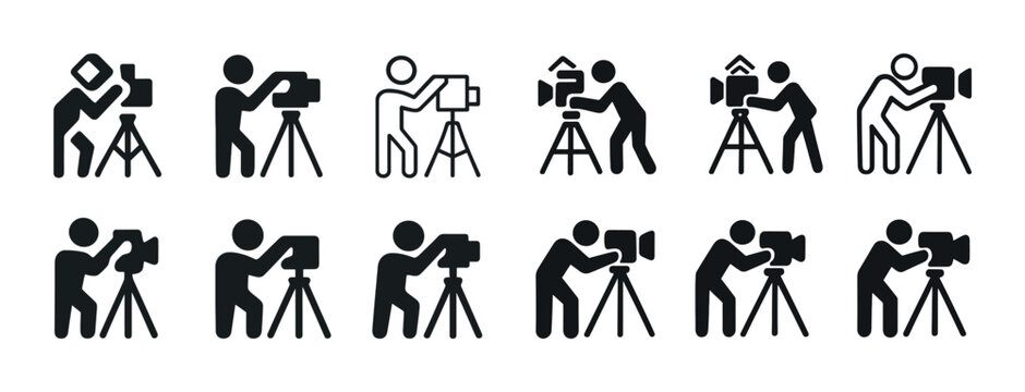 Icon set of photographers and cameras in various poses with tripods