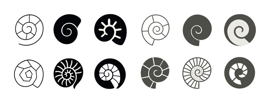Abstract spiral shell icons in black and white design