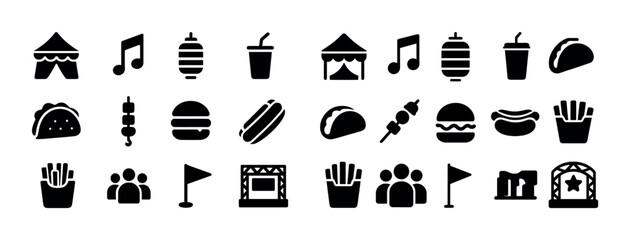 Festival icons: tents, music, food, people, flags