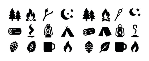Fototapeta premium Camping icons collection: nature, campfire, tent, lantern, moon, trees, mugs