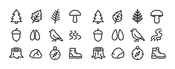 Nature icons: trees, leaves, mushrooms, animals, and outdoor symbols