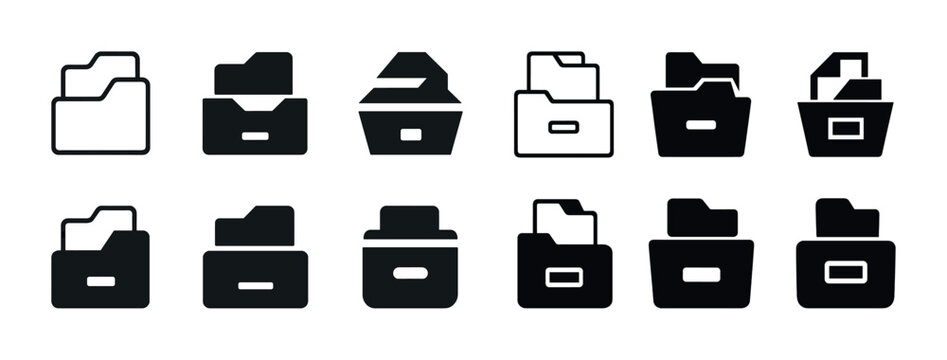 Set of black and white file folder icons in various styles