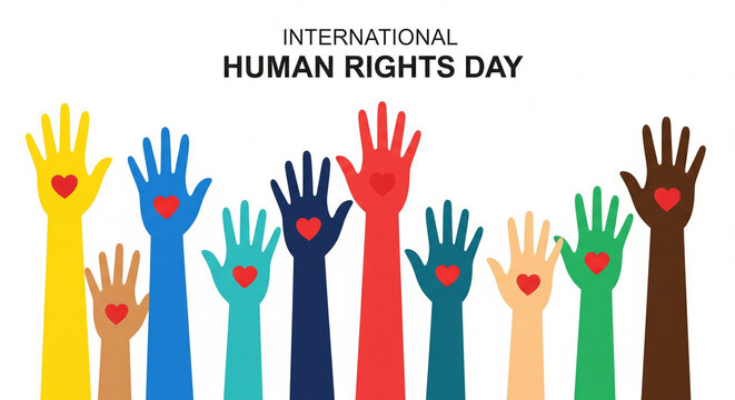 Vibrant hands raised together for International Human Rights Day, a powerful statement of unity, justice, and global community, promoting peace and equality for everyone