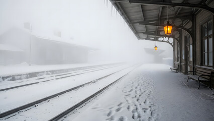 Winter Station Serenity: A deserted train platform is blanketed in a thick layer of snow, with softly lit lanterns casting a warm glow amidst the wintery mist.