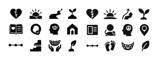 Collection of black simple icons representing growth and wellness themes