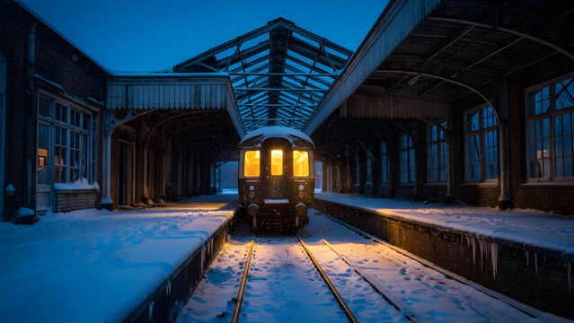 Solitary Train Station: A vintage train, its windows glowing, rests at a snow-covered station during a twilight hour, evokes a sense of journey and tranquility. 