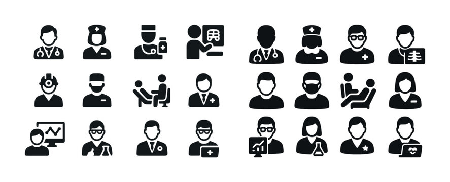 Medical professional icons set in black and white silhouette style