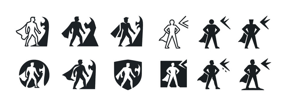Silhouette superhero icons: caped figures and action poses collection