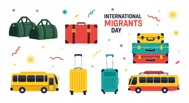 Celebrating International Migrants Day with a vibrant collection of travel essentials and transportation, symbolizing journeys and global connections, ideal for awareness campaigns