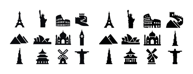 Naklejka premium Iconic monuments collection: eiffel tower, statue of liberty, colosseum, great wall, pyramids, opera house, taj mahal