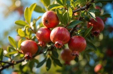 Pomegranate tree branch with fresh red fruits and green leaves. Fruits grow on a tree, ripen in summer garden. Close up of pomegranates hanging on plant against sunny sky.