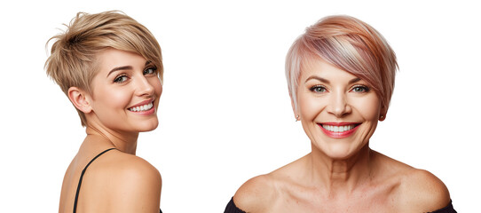 Beautiful young and mature woman with a pixie haircut on a transparent background