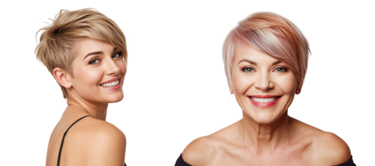 Beautiful young and mature woman with a pixie haircut on a transparent background