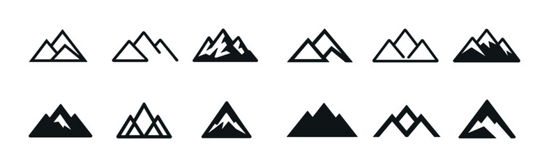Collection of geometric mountain and triangle icons in black and white