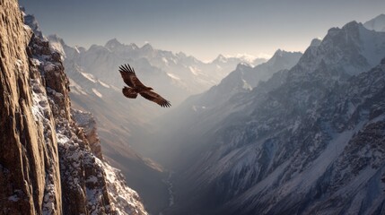 Eagle Soaring Over Majestic Snowy Mountain Valley Landscape. AI generative