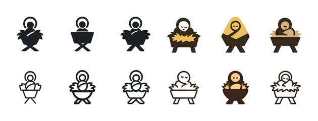 Minimalist nativity icons featuring baby jesus in a manger