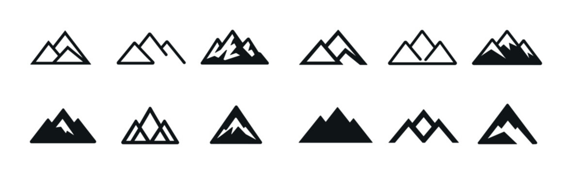 Collection of geometric mountain and triangle icons in black and white