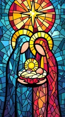 Vibrant stained glass style depiction of the nativity, showcasing Mary, Joseph, and infant Jesus illuminated by a radiant star, ideal for holiday cards, religious art, and festive designs.