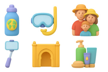 Vibrant travel icon set featuring family, landmarks, and accessories for vacation design