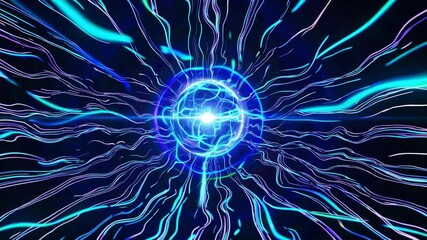 Brilliant blue energy sphere pulses with glowing filaments like electric currents, evoking a futuristic core, neural network or quantum plasma against a dark backdrop - Powered by Adobe