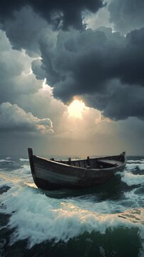 A small boat resting calmly on stormy waters