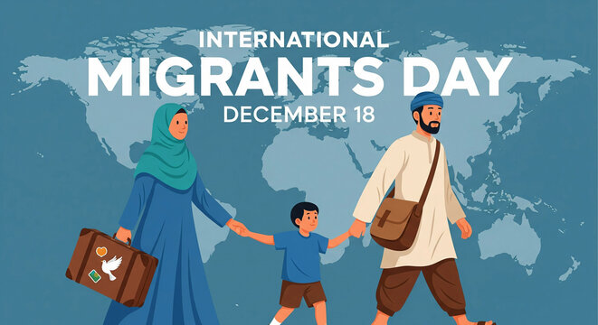Inspiring International Migrants Day illustration with family, promoting global awareness and support for migrants on December 18 in a world map setting