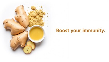 Fresh ginger root with powdered ginger and ginger tea in white bowl