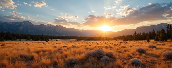 Sunset light bathes vast mountain landscape. Golden rays glow over wide grassy meadow. Pine trees line base of tall peaks. Sky soft clouds at dusk. Nature peaceful. Serene outdoor scenery shows grand