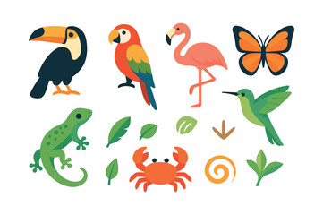 Obraz premium Tropical wildlife, animals and plants, flat vector illustration