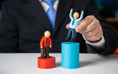 The businessman marks the winner and promotes him. Career advancement, employee recognition and...