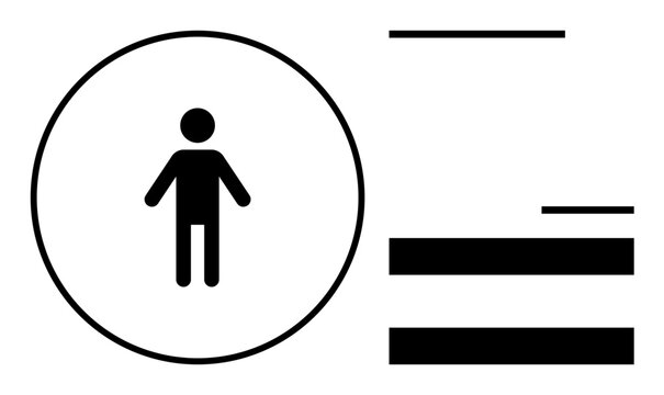 Figure inside a circle representing identity with horizontal lines for text areas. Ideal for user profiles, identity, organization, information, personal data, social accounts, simple flat metaphor