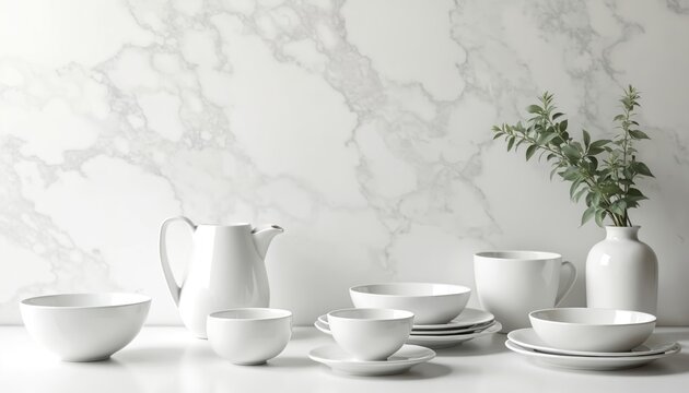 Modern white tableware, ceramic kitchen set against marble wall. Bowls, plates, cups, pitcher neatly arranged on white table. Vase with green plant leaves adds natural touch. Minimalist dining