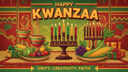 Celebrate Happy Kwanzaa with vibrant candles, stars, and festive colors, perfect for holiday greetings and cultural events, embodying unity and African heritage beautifully
