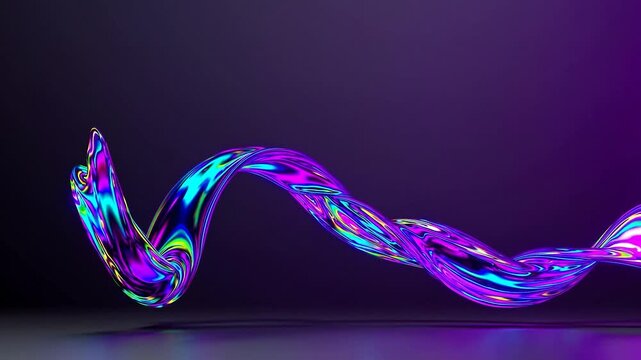 Vibrant and twisted holographic ribbon gracefully dancing above a shiny surface, displaying a mesmerizing psychedelic design with fluid and contemporary movement