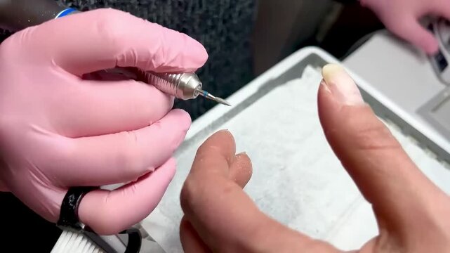 Beautician removing cuticle from man's finger with electric nail drill