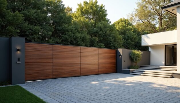 Modern house has automated wooden gate. Driveway is paved gray tiles. Secure home entrance behind automated system gate offers private residential safety and security.